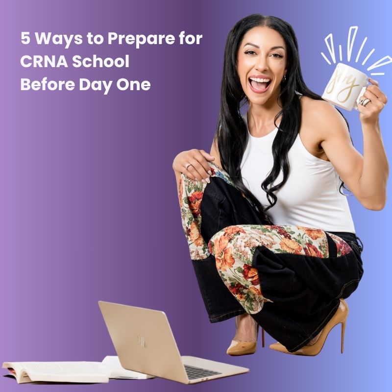 Amanda Kay, MSN, CRNA, smiling and holding a 'joy' mug beside her laptop and open study book — hero image for '5 Ways to Prepare for CRNA School Before Day One.'